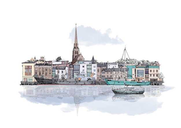 un dessin d'une ville avec un bateau et une ville en arrière-plan