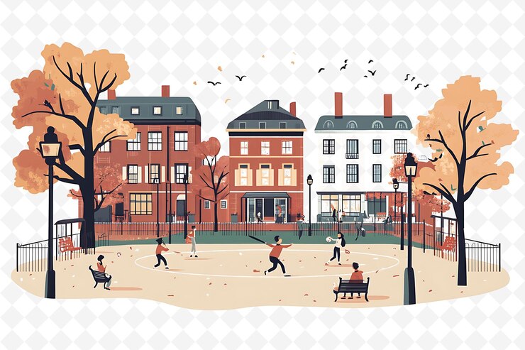PSD un dessin d'une ville avec des gens faisant du sport et le mot " la ville " au bas