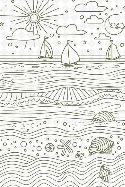 PSD un dessin d'un voilier et de la mer avec un voilier sur l'eau