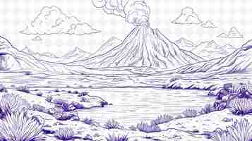 PSD un dessin d'un volcan avec des nuages et des montagnes en arrière-plan