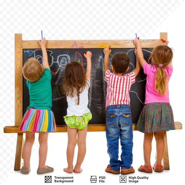 PSD dessiner des enfants avec de la craie sur un tableau blanc à fond isolé