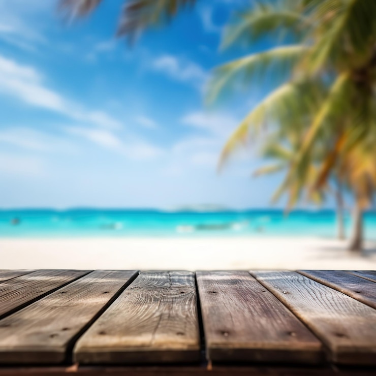 PSD le dessus de la table en bois sur une mer bleue floue et un fond de plage de sable blanc peut être utilisé pour l'affichage