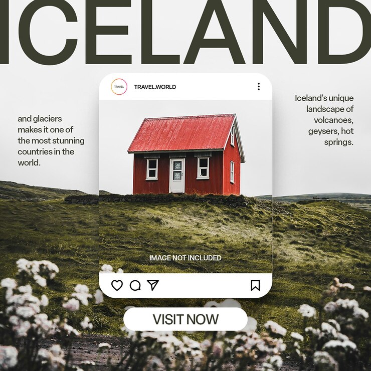PSD destination iceland viaje y diseño promocional de viajes para redes sociales e instagram post psd