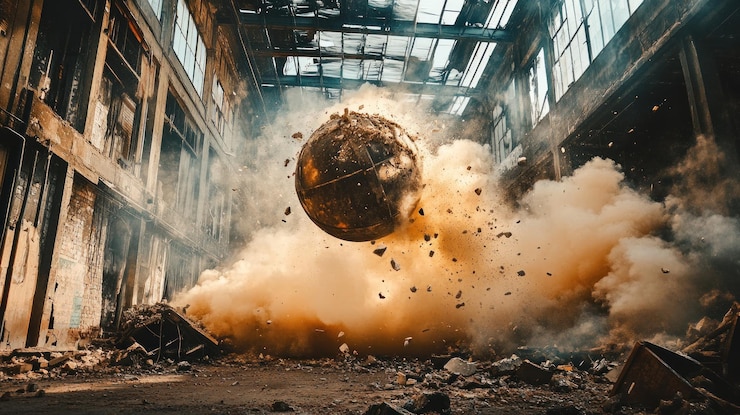 PSD destrucción con bola de demolición en un edificio industrial abandonado