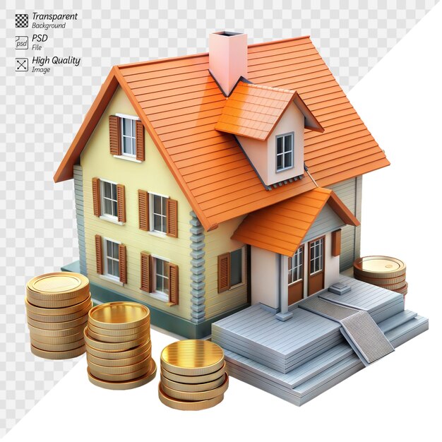 PSD detailed 3d illustration of house and stacked gold coins