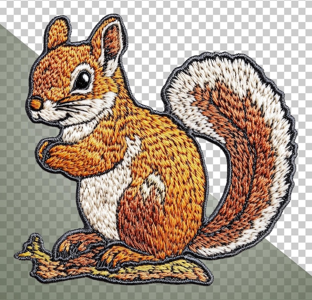 Detailed embroidery of a squirrel on a branch cut out stock png