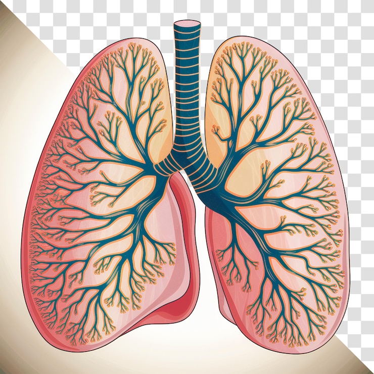 PSD detailed illustration of human lungs and respiratory system showing airways and alveoli