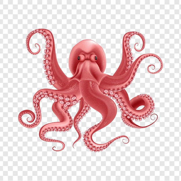 A detailed illustration of a pink octopus with tentacles isolated on transparent background