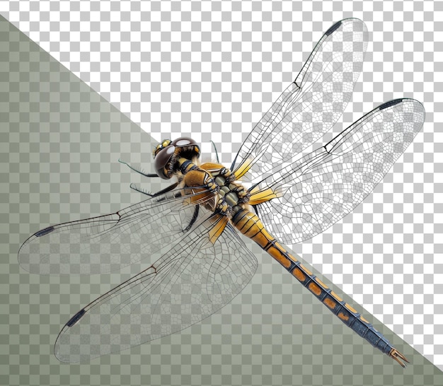Detaillierte Ansicht einer Libelle, die auf einer ausgeschnittenen Oberfläche sitzt.