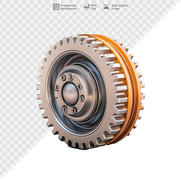 Detaillierte metallische Ausrüstung mit orangefarbenen Akzenten und kompliziertem Design auf durchsichtigem Hintergrund