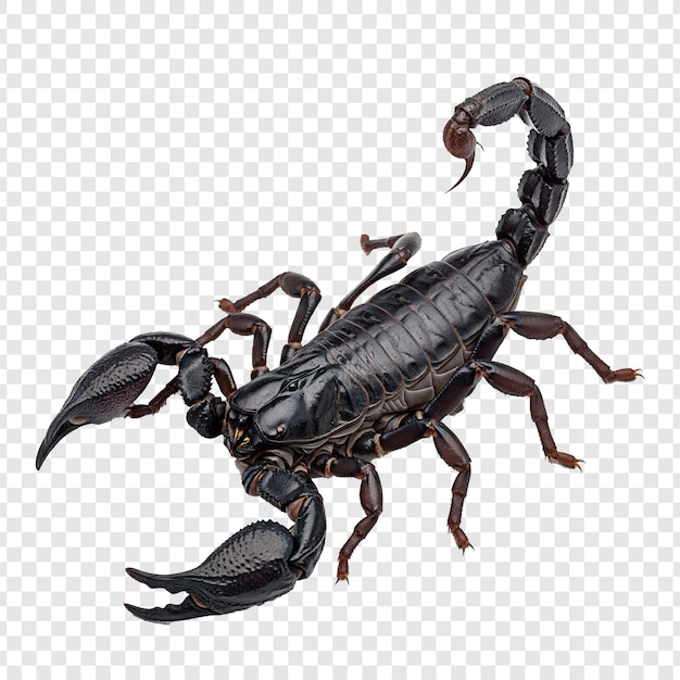 Detailliertes Makrofoto eines schwarzen Skorpions mit erhobenem Schwanz und Krallen auf durchsichtigem Hintergrund
