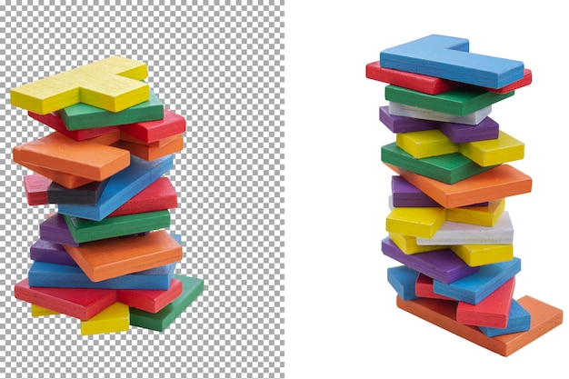Détails d'un puzzle multicolore posé les uns sur les autres isolé sur fond transparent