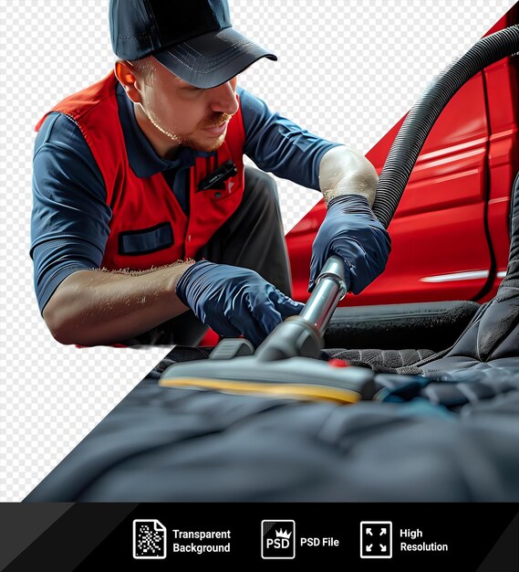 PSD detalhista de automóveis concentrado transparente aspirando o estofamento do veículo enquanto usa um chapéu preto e luva azul com um carro vermelho no fundo png