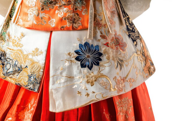 PSD detallado bordado y tela hanbok intrincado aislado sobre un fondo transparente
