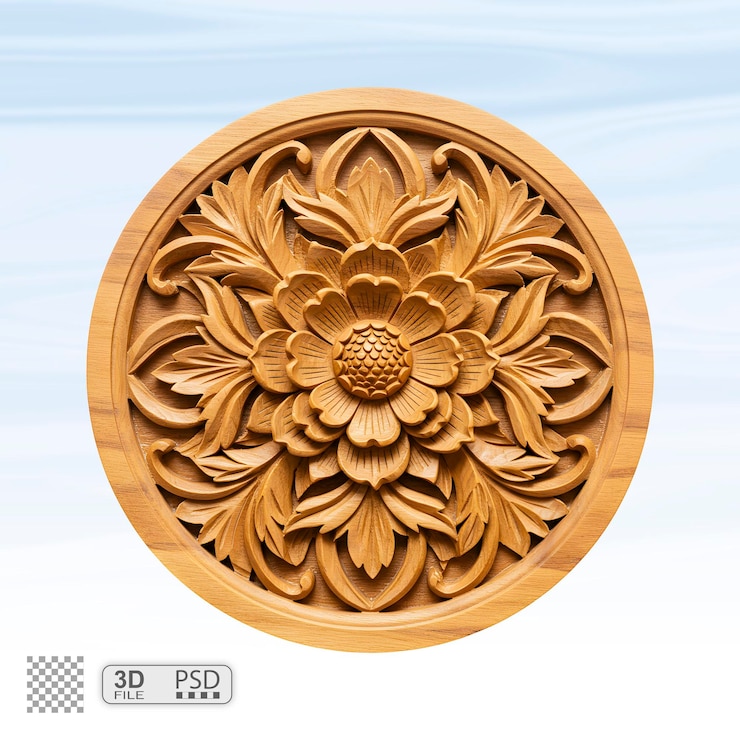 PSD detallado relieve floral tallado en madera