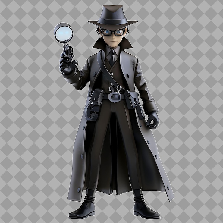 PSD el detective adolescente príncipe noir con una capa de trinchera de forma delgada ilustración de personajes aislados en 3d