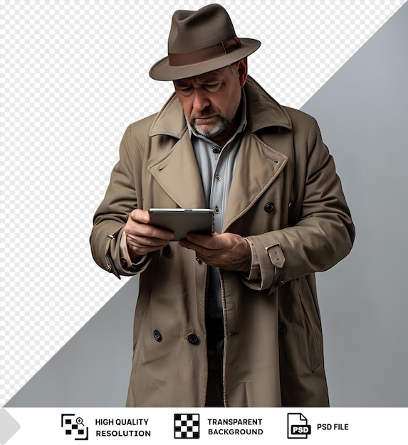 PSD détective sceptique unique avec un fedora et un trench-coat examinant un indice invisible debout devant un mur gris et blanc portant une chemise grise et un chapeau brun avec un bouton noir visible png