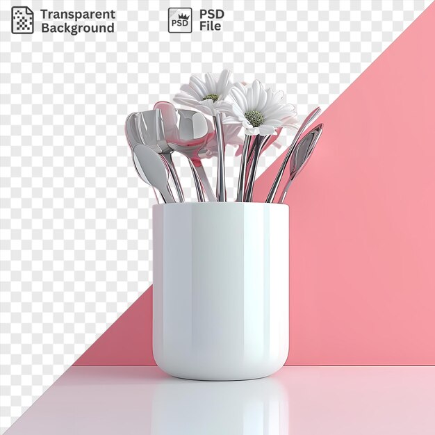 PSD detentor de utensílios isolado com flores brancas e colheres de prata em um fundo transparente contra uma parede rosa