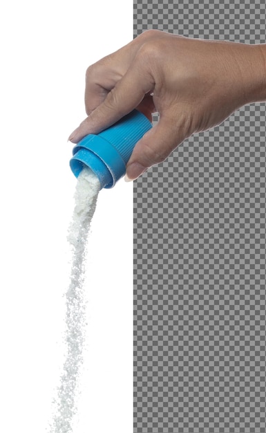 PSD detergent poudre éclaboussure voler dans l'air détergent poudre verser de la coupe de couvercle du bol détergent powder explosion de savon bleu lancer flottant arrière-plan blanc isolé mouvement de congélation de l'obturateur à haute vitesse