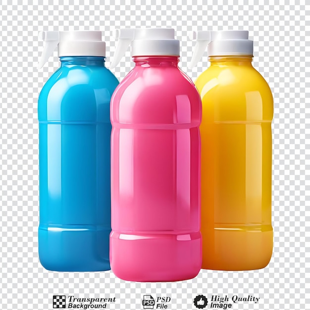 PSD detergentes líquidos de botellas de plástico de varios colores aislados sobre un fondo transparente