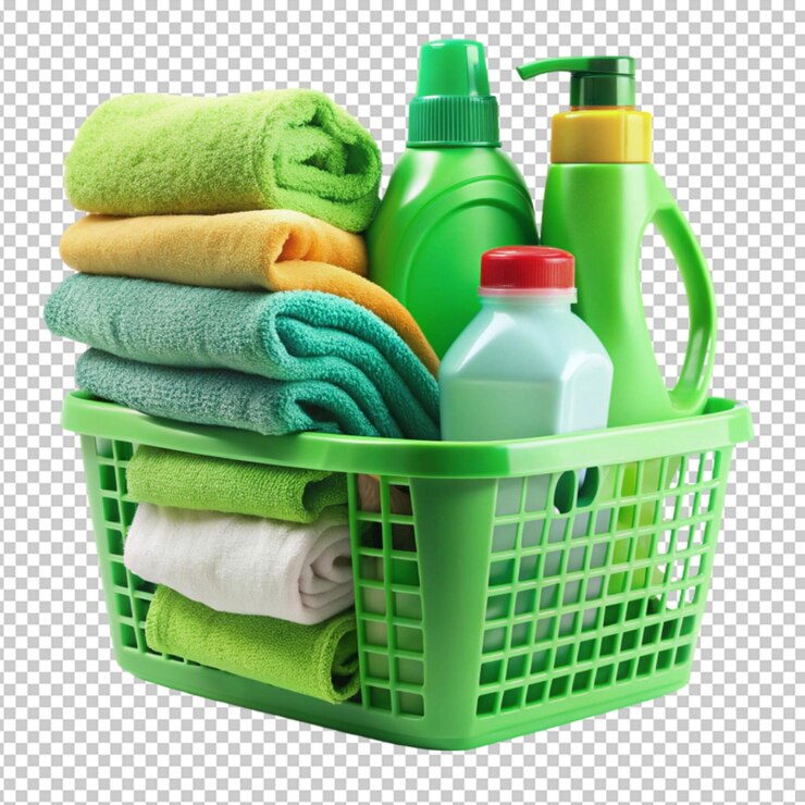 PSD detergentes y toallas en canasta de plástico verde