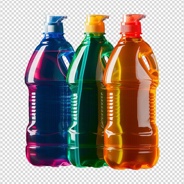 PSD detergents liquides en bouteille en plastique de différentes couleurs isolés sur un fond transparent