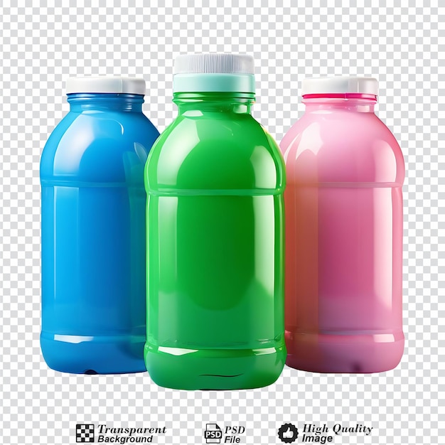 PSD détergents liquides en bouteilles en plastique de différentes couleurs isolés sur un fond transparent