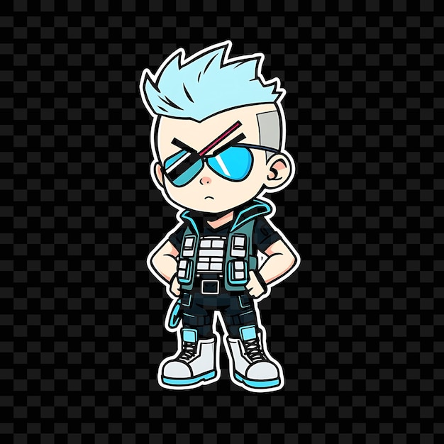 Determinado Chibi Boy con Buzz Cut chaleco táctico botas de combate parche de ojos futurista y cian de neón