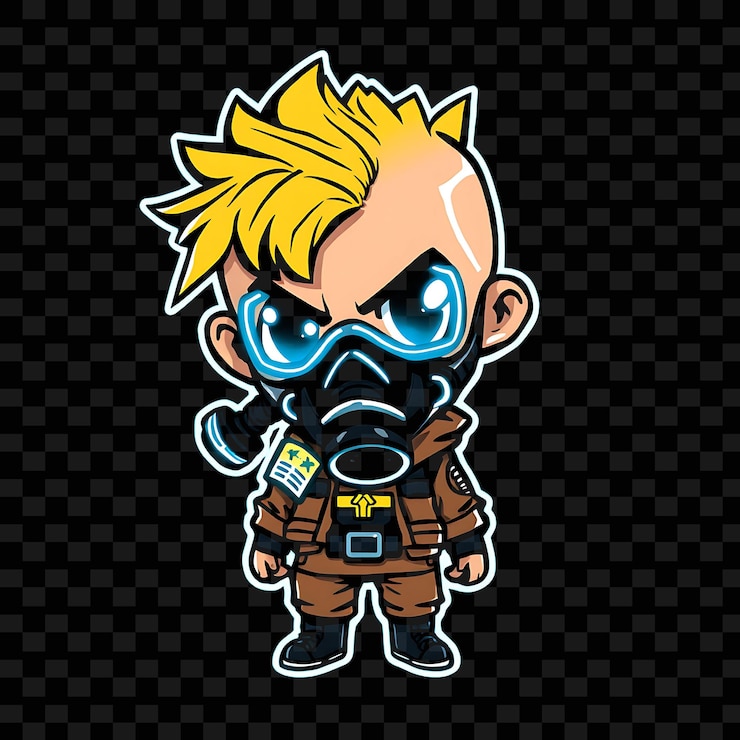 PSD determinado chibi boy con un buzz cut vestido post-apocalíptico máscara de gas brillante azul neón color sc