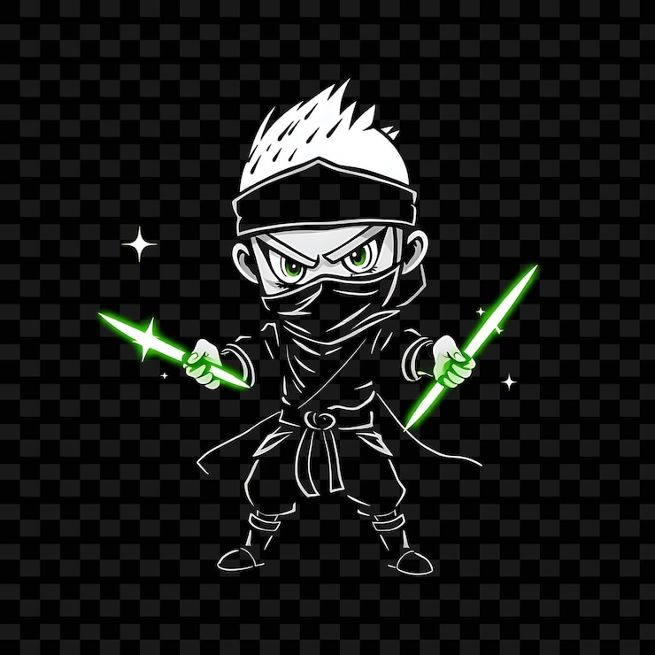 PSD determinado chico chibi con buzz cortado vestido ninja brillante lanzando estrellas neón furtivo color negro