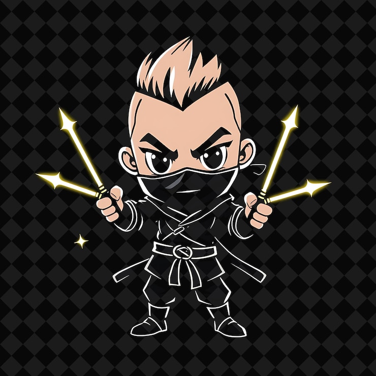 PSD determinado chico chibi con buzz cortado vestido ninja brillante lanzando estrellas neón furtivo color negro