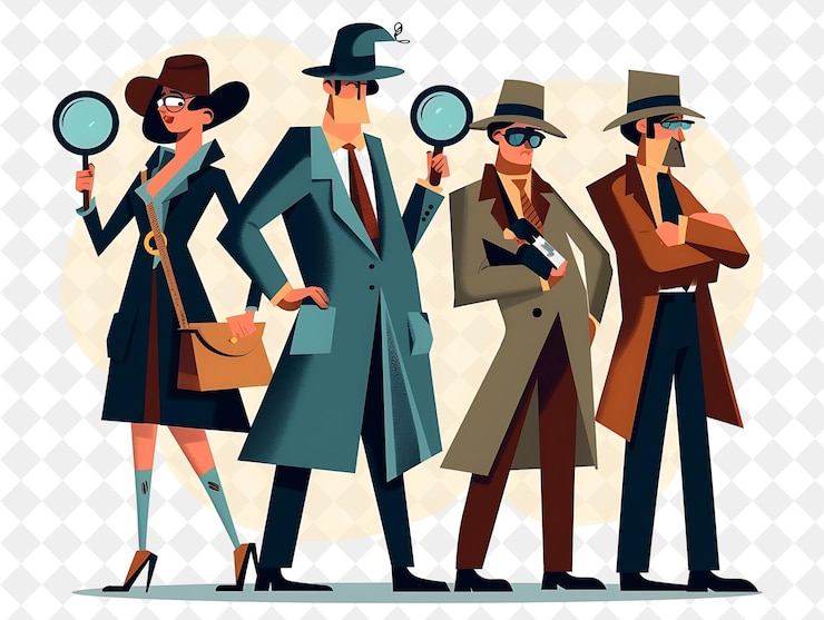 PSD detetive vintage com personagens investigando pistas e assim png pessoas em ilustração de trabalho diário