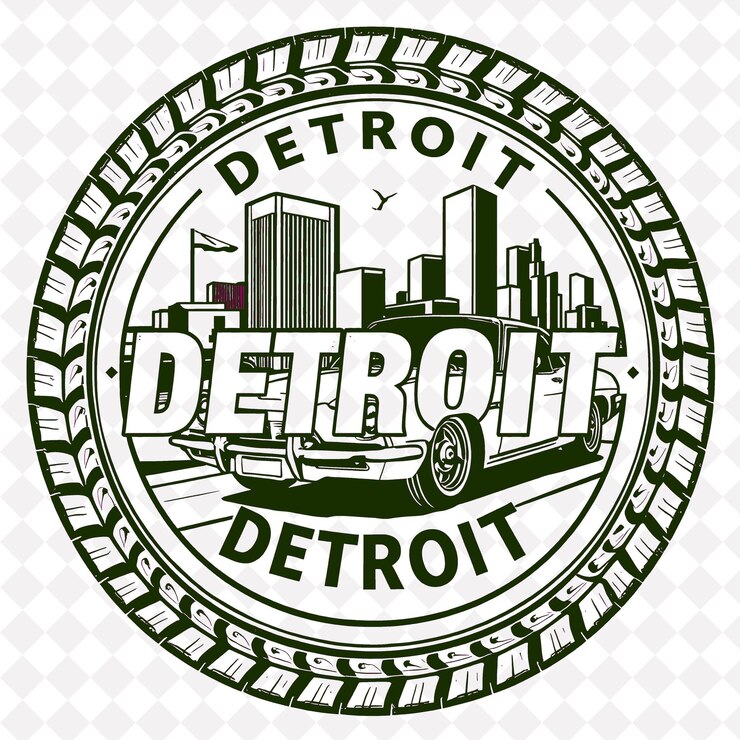 PSD detroit stamp com aço monocromático cor cinza centro renascentista e decorações de carros st.