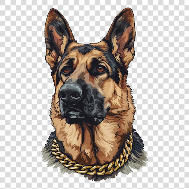 PSD deutscher schäferhund mit dickem goldenen kettenhalsband auf vektorkunst, isoliert auf durchsichtigem hintergrund