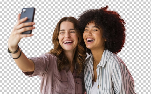 Deux amis qui se font un selfie et rient.