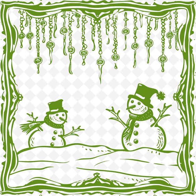 PSD deux bonhommes de neige en vert et blanc avec un fond vert et blanc
