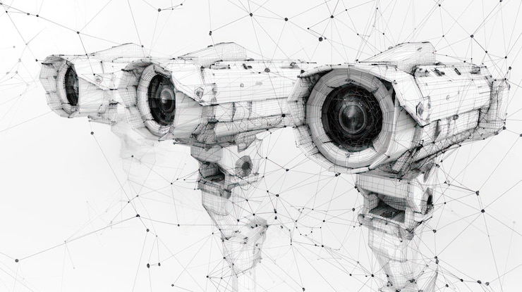 PSD deux caméras de sécurité futuristes avec une conception de réseau wireframe devant un fond blanc