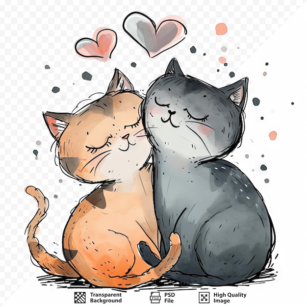 PSD deux chats mignons amoureux de style doodle