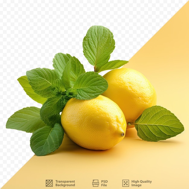 PSD deux citrons jaunes et trois feuilles de baume de citron vert isolées sur un fond transparent