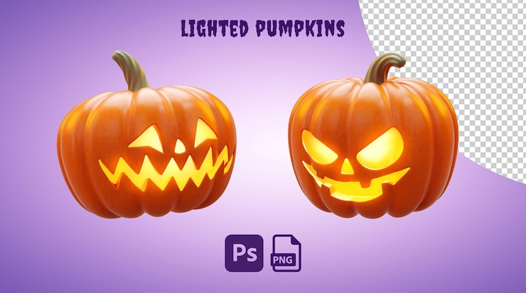 PSD deux citrouilles éclairées objets isolés pour le concept de fête d'halloween en illustration de dessin animé 3d