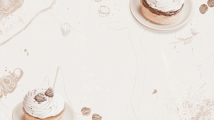 PSD deux délicieux mini-gâteaux avec de la crème fouettée et des baies sur des assiettes sur un fond beige clair avec des illustrations subtiles
