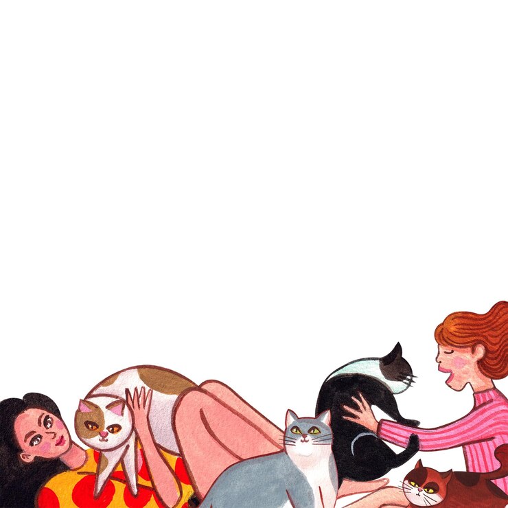 PSD deux femmes tenant leurs chats assis et dormant heureusement dessin de cadre d'aquarelle dessiné à la main