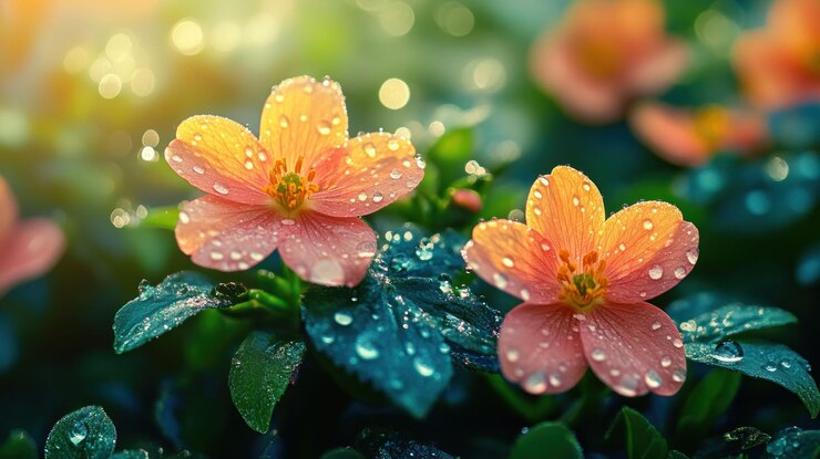 PSD deux fleurs d'orange délicates avec des gouttes de rosée baignées dans la chaude lumière du soleil entourées de feuilles vertes