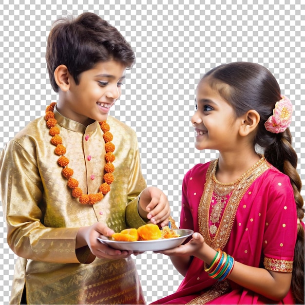 PSD deux frères et sœurs tenant une assiette de bonbons à la main pour la célébration de bhai dooj et raksha bandhan