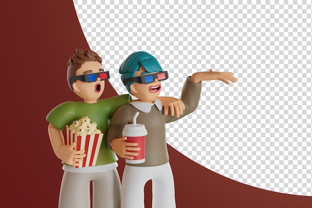 PSD deux hommes ou un ami vont au cinéma illustration de rendu 3d