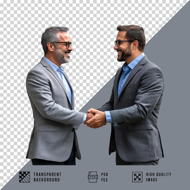 Deux hommes en costume se serrent la main sur un fond transparent