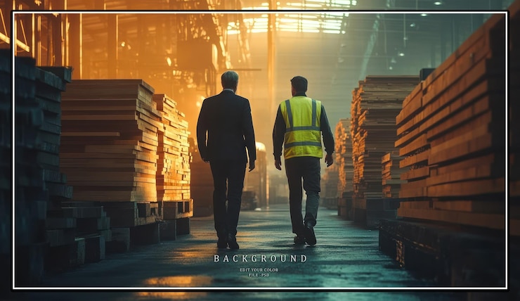 PSD deux hommes marchent à travers une usine avec des piles de bois dans le