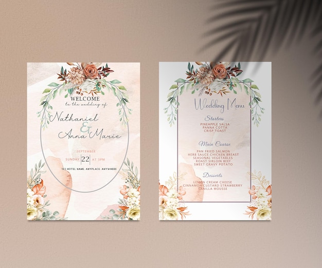 Deux invitations de mariage avec un motif floral et le mot mariage en bas.