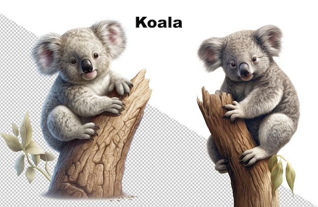 PSD deux koalas sur un arbre avec le texte koala en bas.