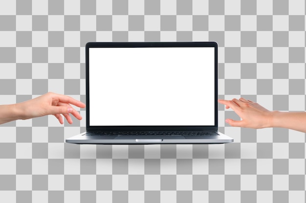 Deux mains tendent la main vers un écran d'ordinateur portable vide isolé sur PNG blanc